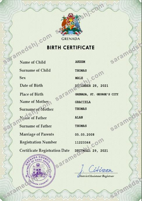 Grenada vital record birth certificate PSD template